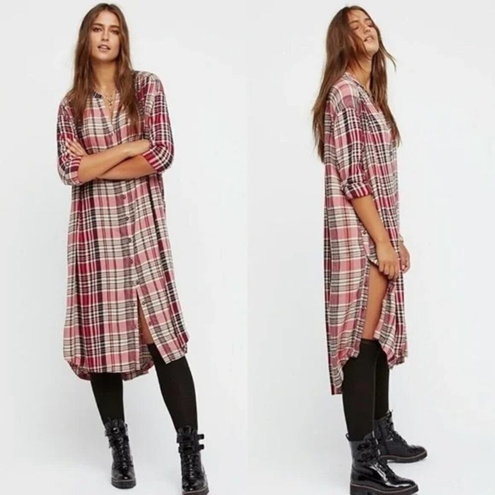 Free People Loralei Plaid Button Down Tunic Shirt Dress Size XS Boho Holiday